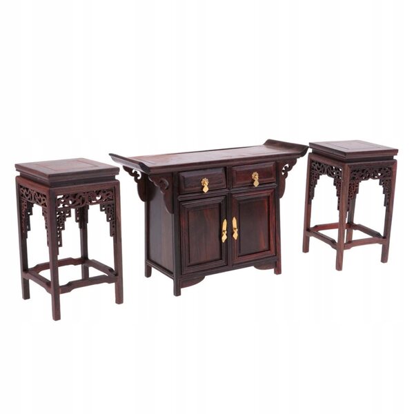 Handmade 1/6 End Tea Table Chairs Set, Vintage chiński styl, domek dla lalek