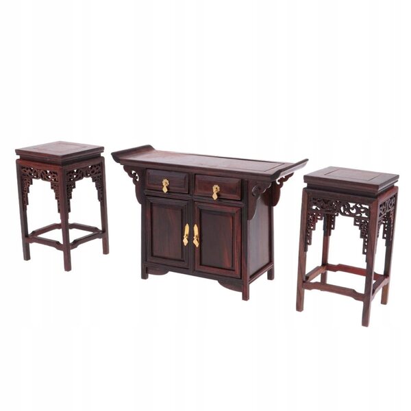 Handmade 1/6 End Tea Table Chairs Set, Vintage chiński styl, domek dla lalek