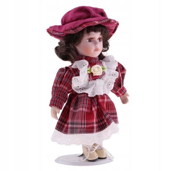 20 cm große Vintage-Porzellanpuppe mit rot kariertem Kleid und Hut