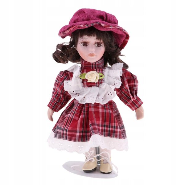 20 cm große Vintage-Porzellanpuppe mit rot kariertem Kleid und Hut