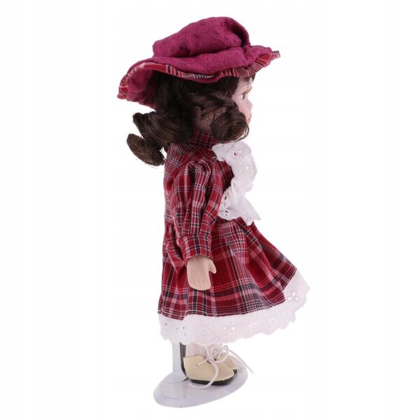 20 cm große Vintage-Porzellanpuppe mit rot kariertem Kleid und Hut