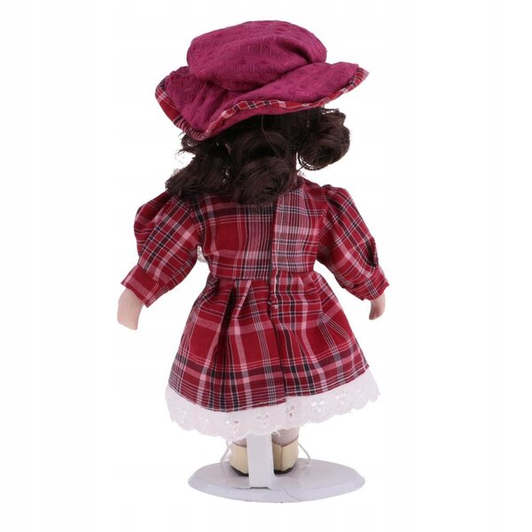20 cm große Vintage-Porzellanpuppe mit rot kariertem Kleid und Hut