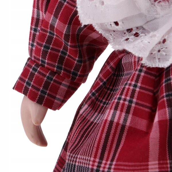 20 cm große Vintage-Porzellanpuppe mit rot kariertem Kleid und Hut