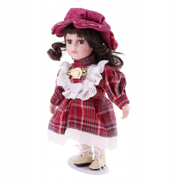 20 cm große Vintage-Porzellanpuppe mit rot kariertem Kleid und Hut
