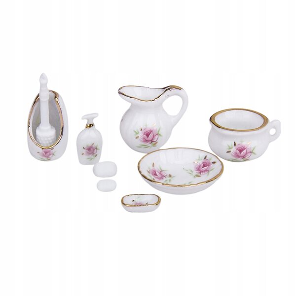 Lot de 8 accessoires de salle de bain en porcelaine pour maison de poupée 1/12 rose pastel