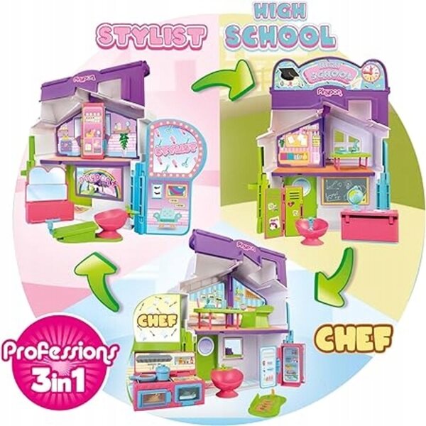 Pinypon Casa delle bambole 3 in 1 - Scuola, Salone e Cucina 40 cm