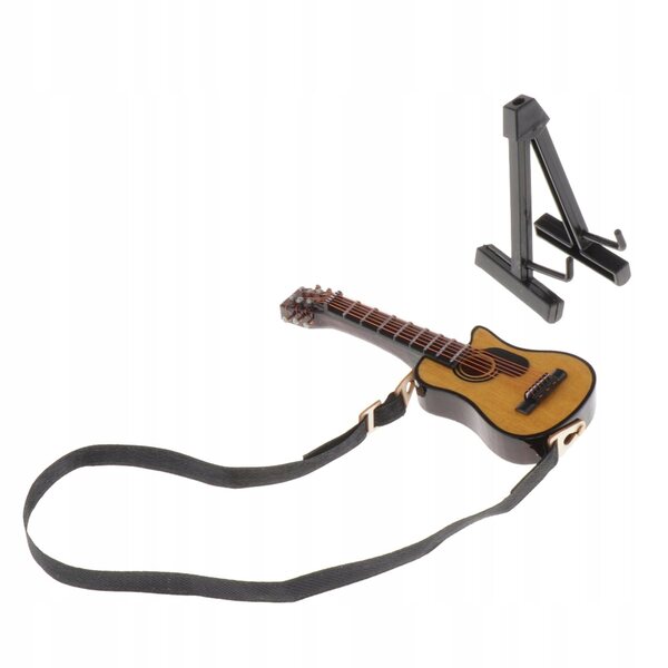 Miniatura Chitarra in Legno 1:12 con Stativo per Casa delle Bambole 9 cm