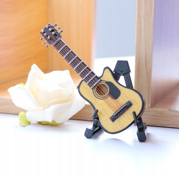 Miniatura Chitarra in Legno 1:12 con Stativo per Casa delle Bambole 9 cm