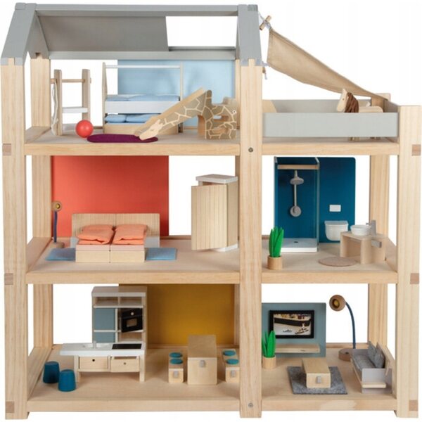 Dollhouse in legno con mobili, 3 piani e terrazzo - Small Foot, design scandinavo