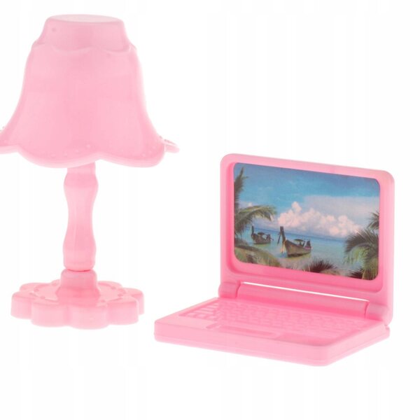 Mini Laptop e Lampada da Tavolo per Casa delle Bambole in Scala 1:12 Rosa