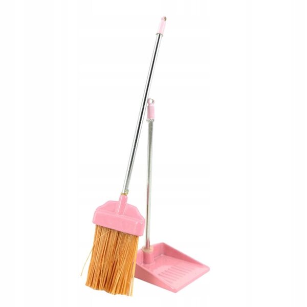 1:12 Miniatur-Set mit Besen und Kehrschaufel aus Kunststoff für das rosa Puppenhaus