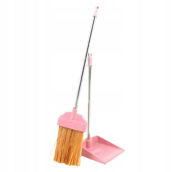 1:12 Miniatur-Set mit Besen und Kehrschaufel aus Kunststoff für das rosa Puppenhaus