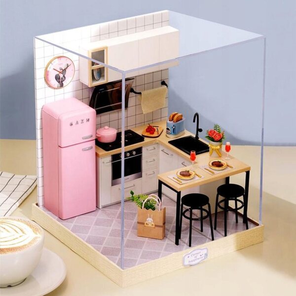 1:24 DIY-Puppenhausminiatur aus Holz mit LED-Lichtern und Dekorationen