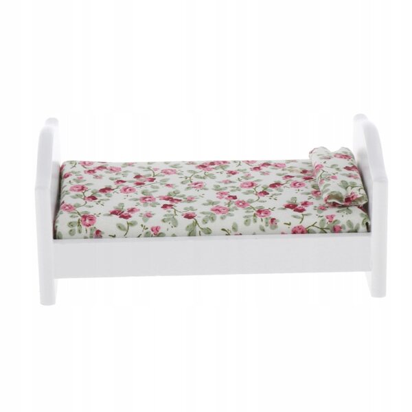 1:12 Puppenhaus-Miniatur-Einzelbett aus Holz mit Blumen