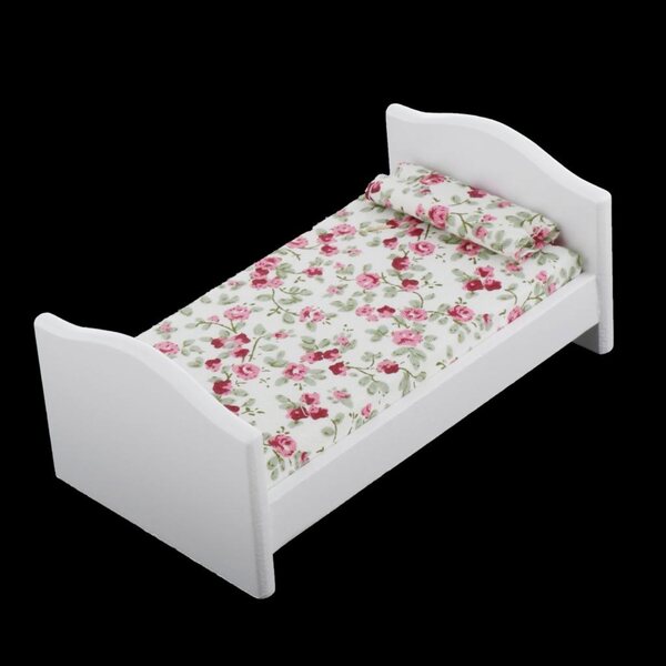1:12 Puppenhaus-Miniatur-Einzelbett aus Holz mit Blumen