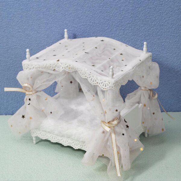 Maison de poupée en bois blanc, lit de princesse miniature 1:12