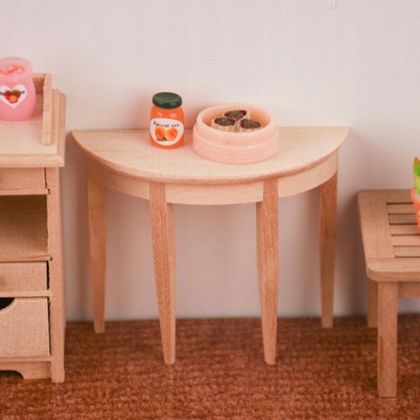 Miniatuur halfronde houten tafel voor poppenhuizen schaal 1:12
