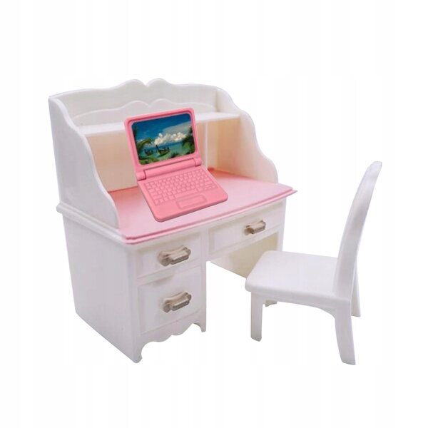 Miniaturistischer 1:12 Schreibtisch und Stuhl mit rosa Laptop-Set für das Puppenhaus