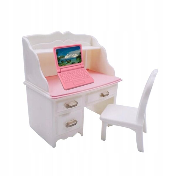 Miniaturistischer 1:12 Schreibtisch und Stuhl mit rosa Laptop-Set für das Puppenhaus