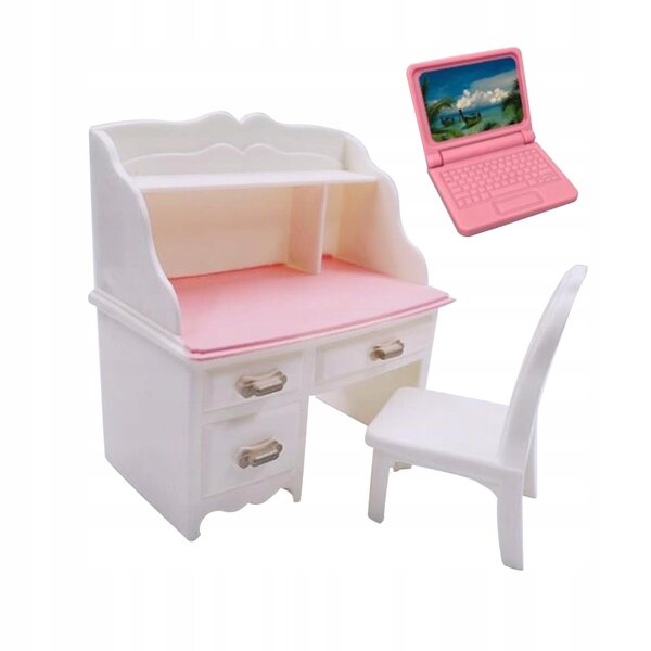 Miniaturistischer 1:12 Schreibtisch und Stuhl mit rosa Laptop-Set für das Puppenhaus