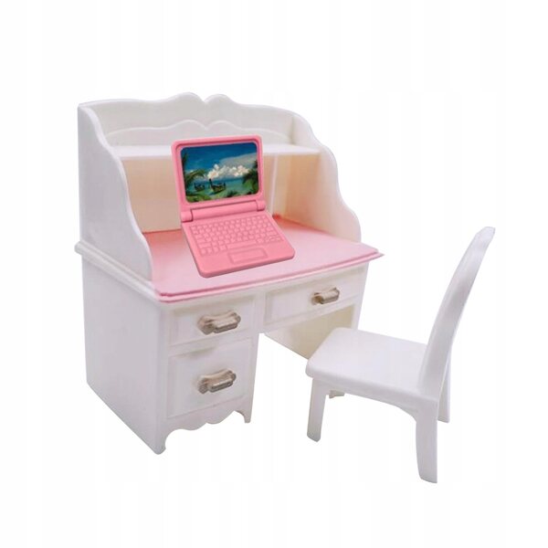 Miniaturistischer 1:12 Schreibtisch und Stuhl mit rosa Laptop-Set für das Puppenhaus