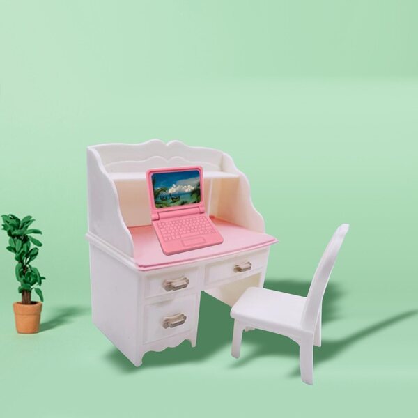 Miniaturistischer 1:12 Schreibtisch und Stuhl mit rosa Laptop-Set für das Puppenhaus