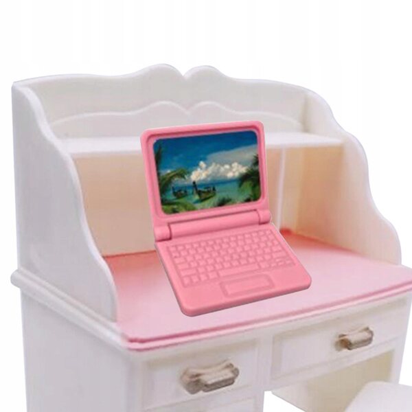 Miniaturistischer 1:12 Schreibtisch und Stuhl mit rosa Laptop-Set für das Puppenhaus