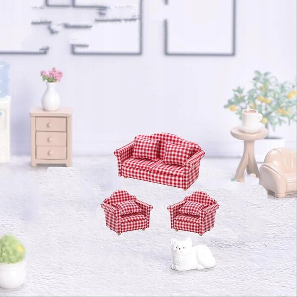 Miniatura 1:12 Fotel e Divano Letto per Casa delle Bambole in Legno e Tessuto