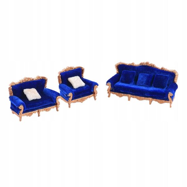 1:25 Vintage-Sofa-Miniatur-Set im europäischen Stil mit blauen Kissen