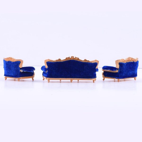 1:25 Vintage-Sofa-Miniatur-Set im europäischen Stil mit blauen Kissen