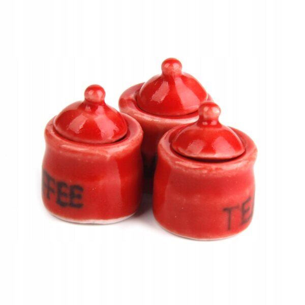 Set di 3 Mini Barattoli Ceramiche Rosse per Casa delle Bambole 1:12