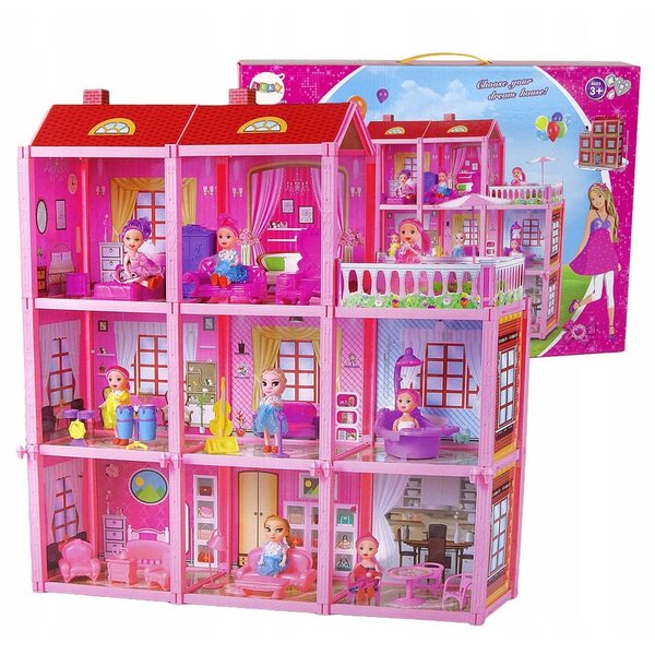 Cottage per bambole Dromader 3 piani con bambola e mobili, 156 pezzi