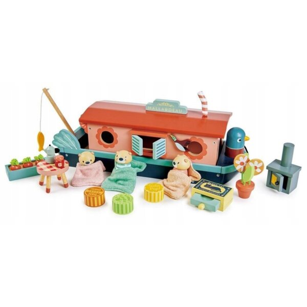 Tender Leaf Toys Misia-Familie auf Holzboot mit detailliertem Zubehör