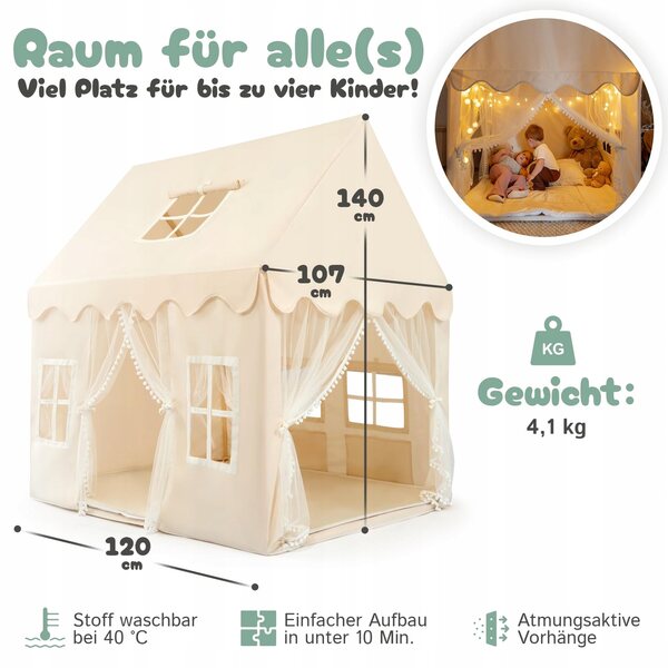 GanzKind Puppenhaus 140 cm – Puppenhaus aus beigem Stoff für Kinder ab 3 Jahren