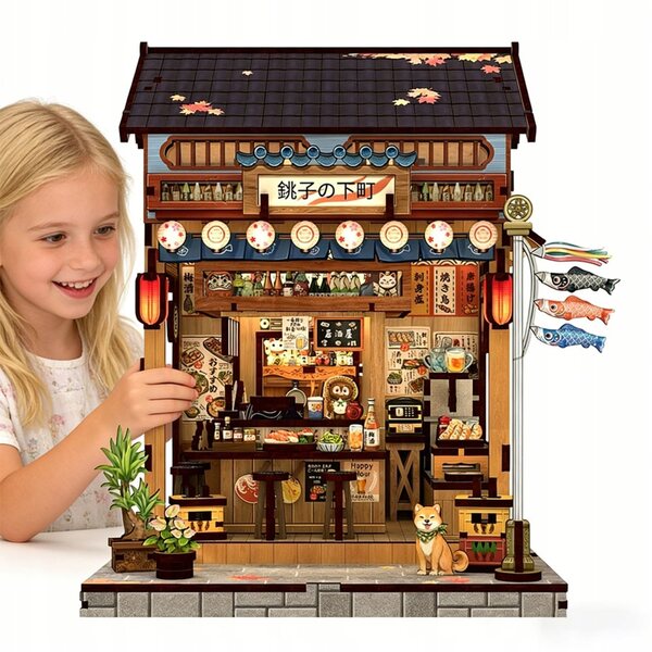 Japanisches Miniatur-Izakaya-Haus mit LED, Holzmodell zum Zusammenbauen, 16,3 x 14,1 x 19,2 cm