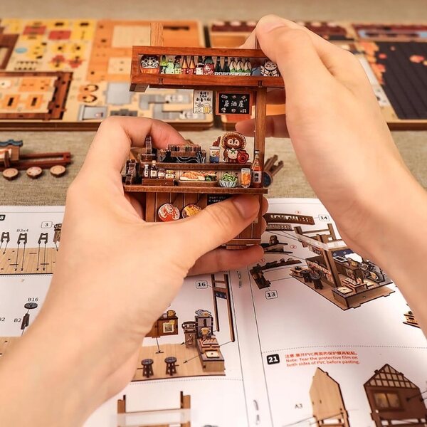 Japanisches Miniatur-Izakaya-Haus mit LED, Holzmodell zum Zusammenbauen, 16,3 x 14,1 x 19,2 cm