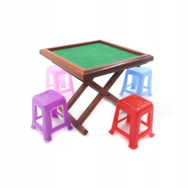 Miniature Mahjong-sæt 1:12 med bord og 4 taburetter til dukkehus