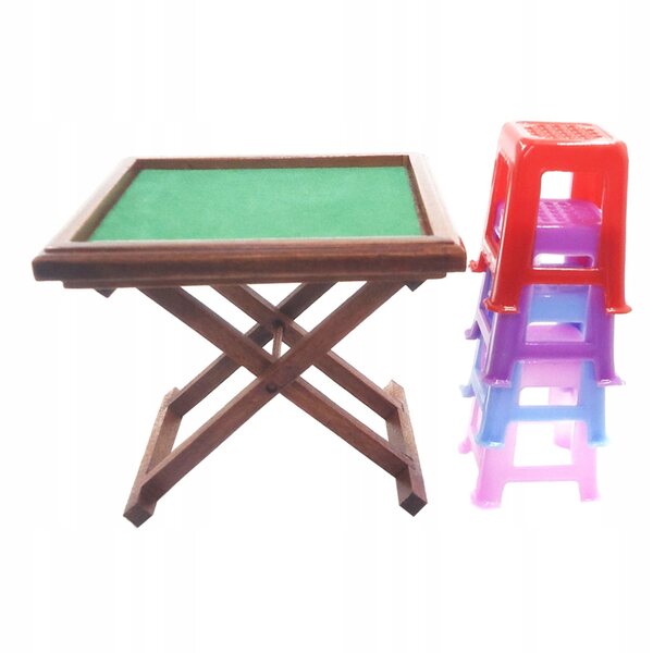 Miniature Mahjong-sæt 1:12 med bord og 4 taburetter til dukkehus