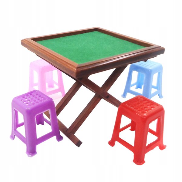 Miniature Mahjong-sæt 1:12 med bord og 4 taburetter til dukkehus