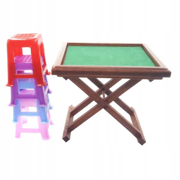 Miniature Mahjong-sæt 1:12 med bord og 4 taburetter til dukkehus