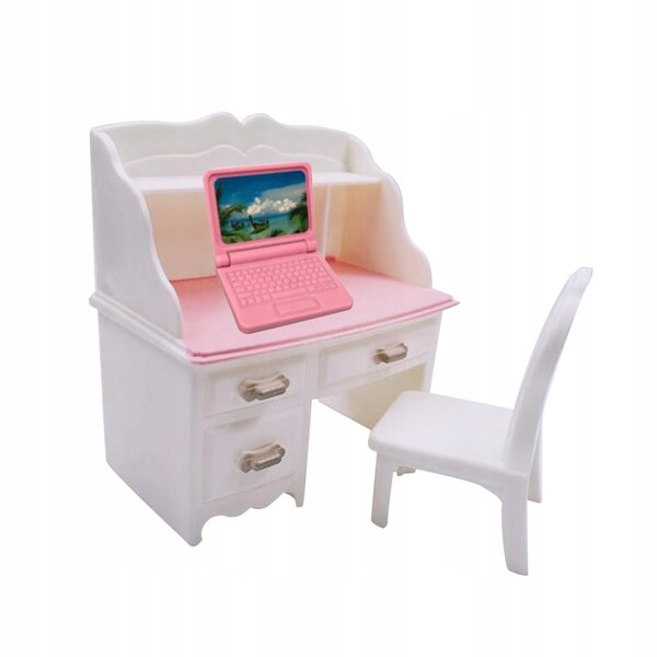 Zestaw krzeseł biurkowych 1/12 Dollhouse Symulacja Notatnik z różowym laptopem