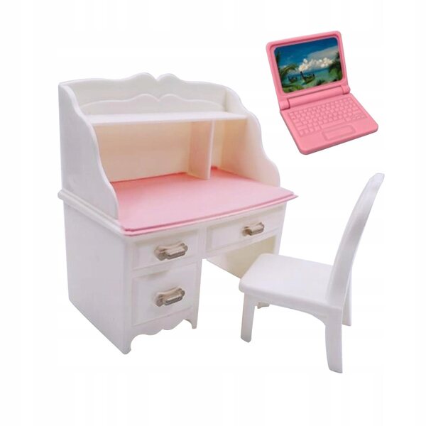 Zestaw krzeseł biurkowych 1/12 Dollhouse Symulacja Notatnik z różowym laptopem