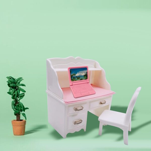 Zestaw krzeseł biurkowych 1/12 Dollhouse Symulacja Notatnik z różowym laptopem