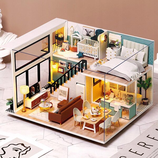 Miniatuur doe-het-zelf poppenhuis met houten meubels en accessoires 1:12