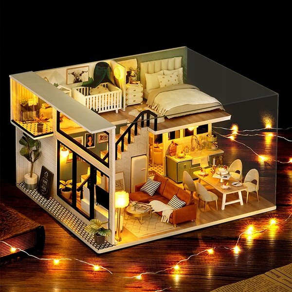 Miniatuur doe-het-zelf poppenhuis met houten meubels en accessoires 1:12