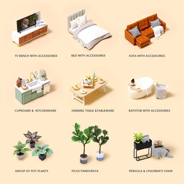 Miniatuur doe-het-zelf poppenhuis met houten meubels en accessoires 1:12