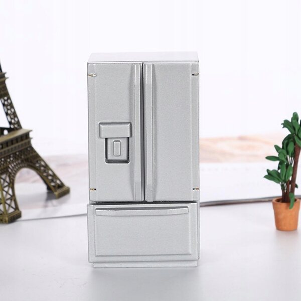 Miniatura frigorifero in legno per casa delle bambole 1:12 Design classico argento