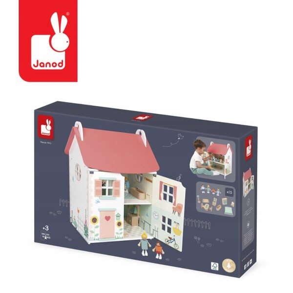 Dollhouse in legno Janod con 15 accessori, 3 piani, gioco creativo per bambini