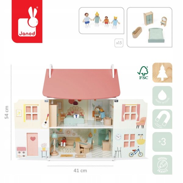 Dollhouse in legno Janod con 15 accessori, 3 piani, gioco creativo per bambini