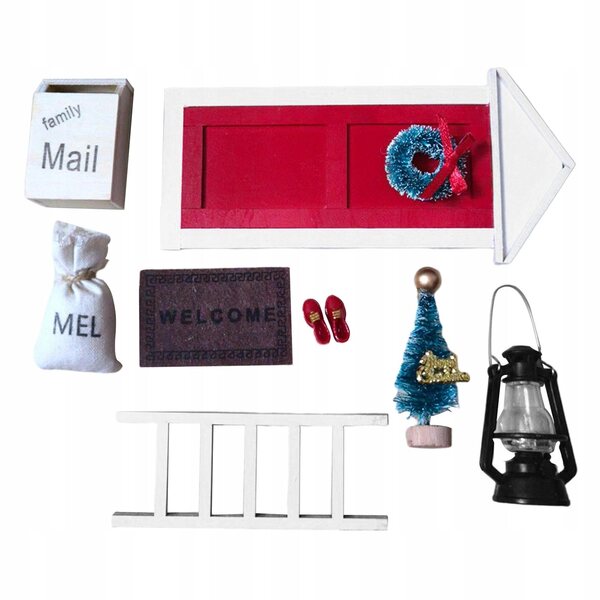 Ein hölzernes Puppenhaus mit Weihnachtsdekoration im Maßstab 1:12 und 1:6
